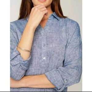 J. Jill Blue Chambray Linen Long Sleeve Button Front‎ Tunic Top Size L Tall